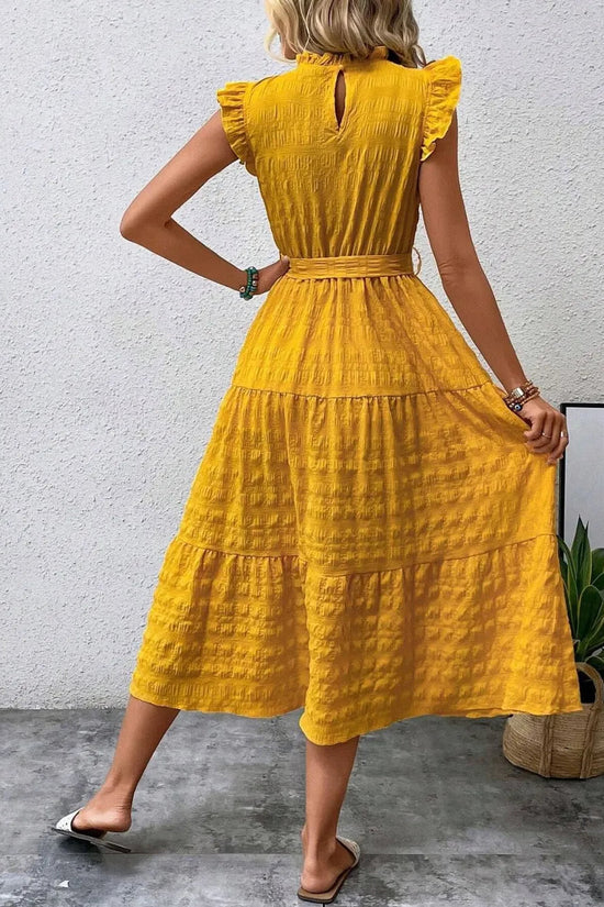Tied Ruffled Cap Sleeve Midi Dress 
