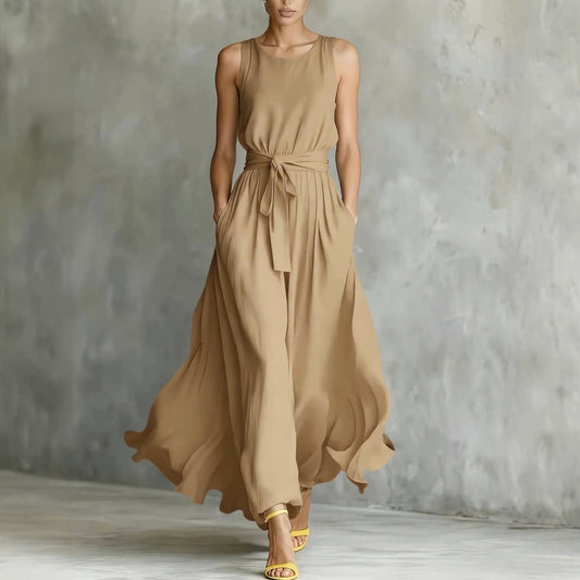 Womens Waist-Cinching Lace-Up Sleeveless Dress 