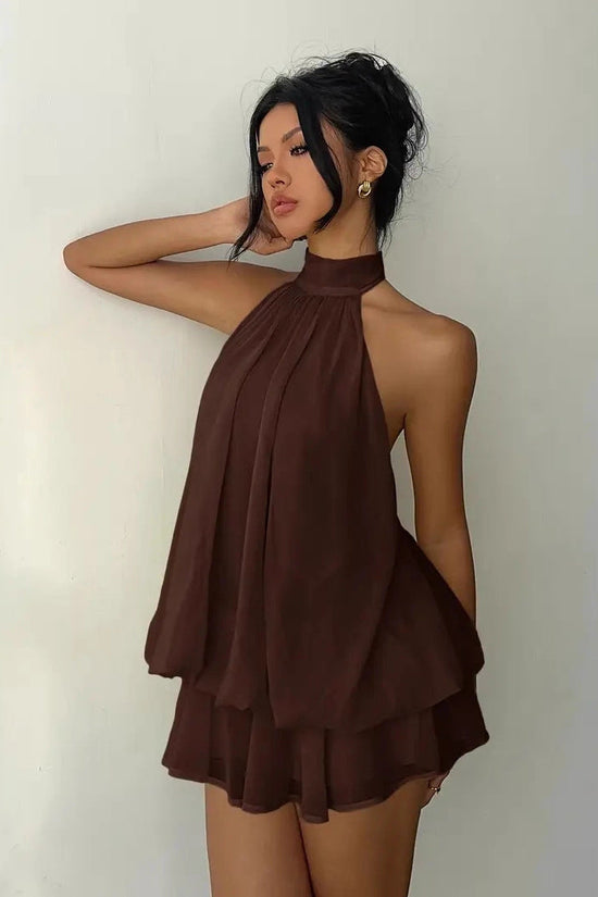 Women's vacation fitted sexy backless halter neck tie-waist dress with puffy short skirt 