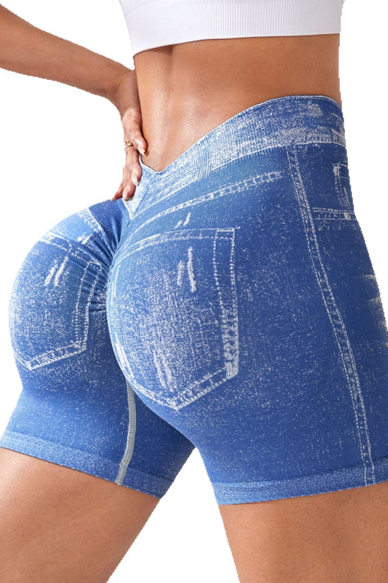 Denim Seamless Yoga Shorts for Women, Back V-Waist Hip-Lifting Quick-Dry Fitted Running Fitness Shorts