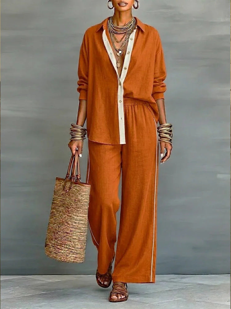 Contrast-color Casual Solid-color Loose Pants Two-piece Set 