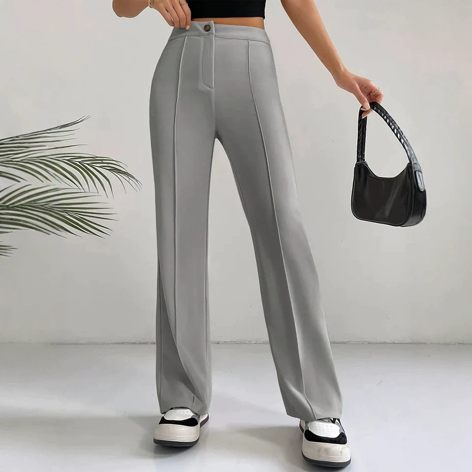 Womens Straight Flare Pants With High-Waisted Stitching Details 