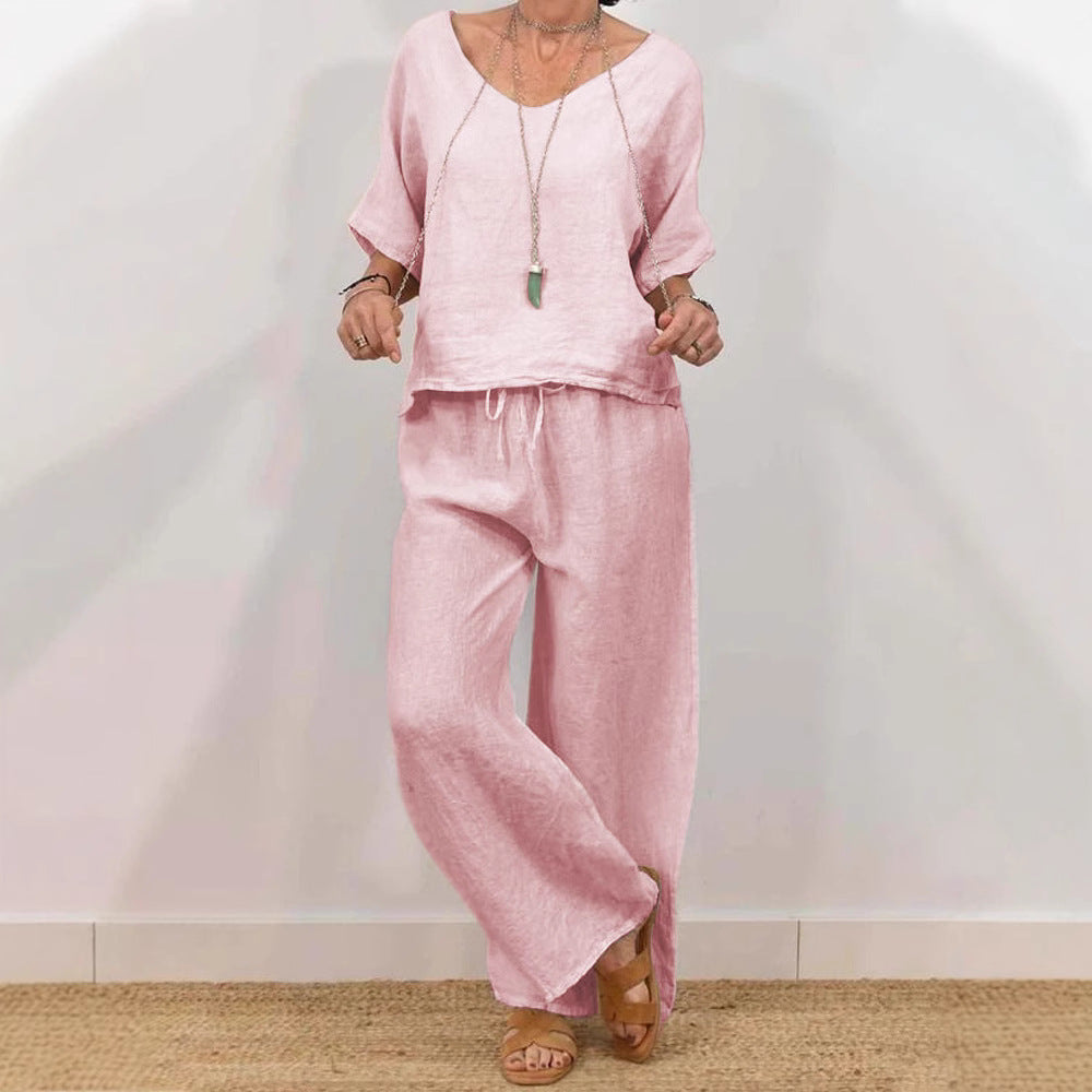 Womens Multi-Color Two-Piece Set Casual V-Neck Pullover With Three-Quarter Sleeves And Extended Pants 