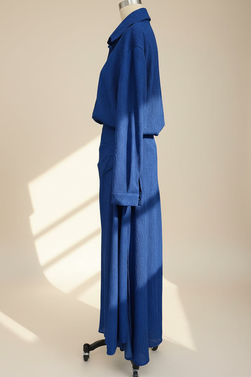 Women's Two-Piece Pleated Shirt & Draped Wrap Maxi Skirt Set – Long Sleeve Button Top 