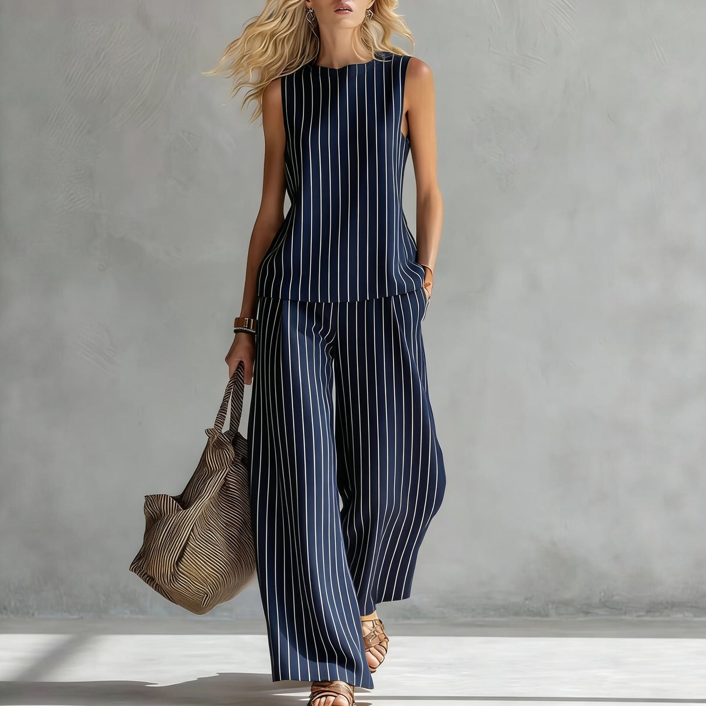 Women's Casual Sleeveless Printed Wide-Leg Pants Two-Piece Set 