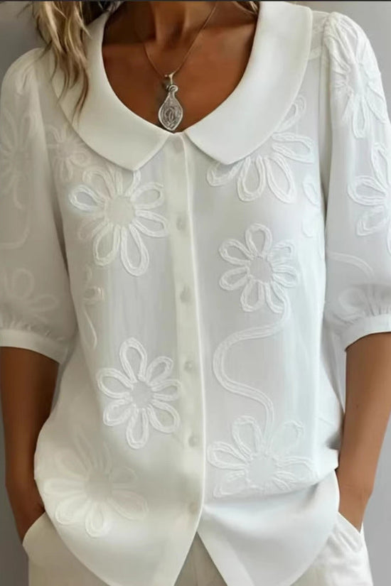Loose-fit Retro Buttoned 3D Embroidered Floral Shirt 