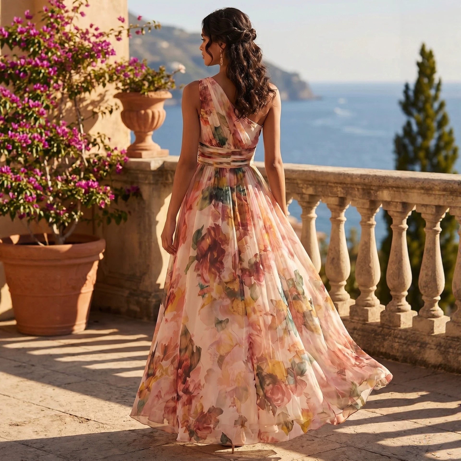 One shoulder waist cinched beach long dress 