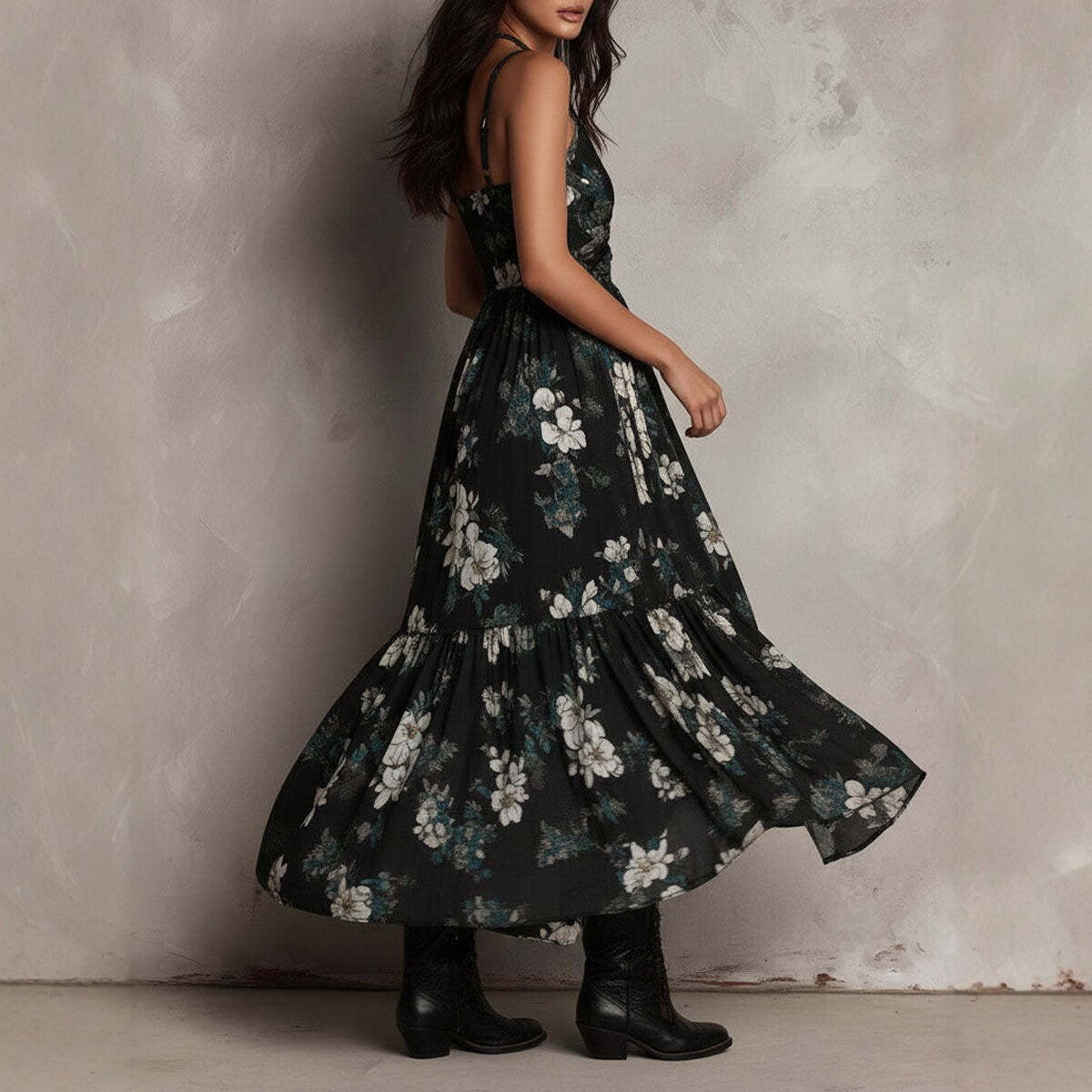 New style printed camisole dress for women, V-neck, waist cinched, high slit long skirt, fashionable vacation dress 