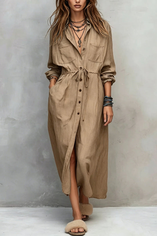 Spring and Autumn Casual Drawstring Waist Shirt Dress Loose Style for Women 