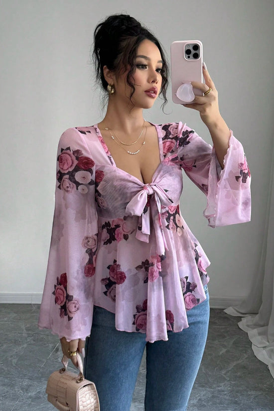 Sweet Floral Ombre Tie-Back Square Neck Long Sleeve Blouse 