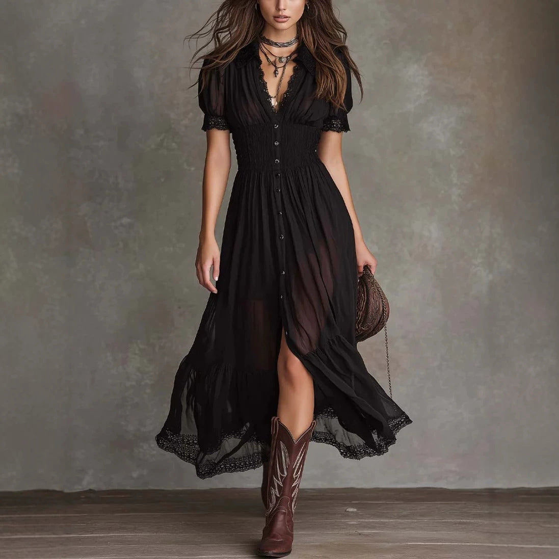 Cropped V-Neck Shirt Dress with Ruffled Hem and Side Slit, Dark Chic Style, Body-Con Fit, Long Skirt 