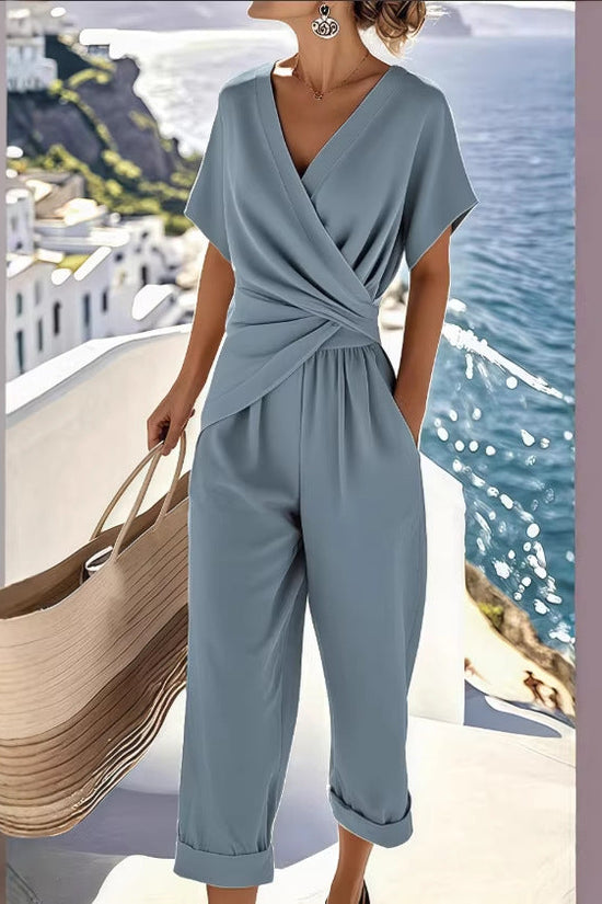 Women's Casual Fashion Solid Color Irregular Short-Sleeve Set 