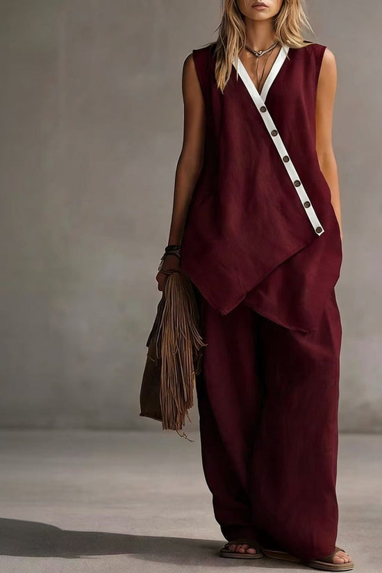 Bohemian Solid-Colored V-Neck Irregular-Button Vest And Wide-Leg Pants Set 