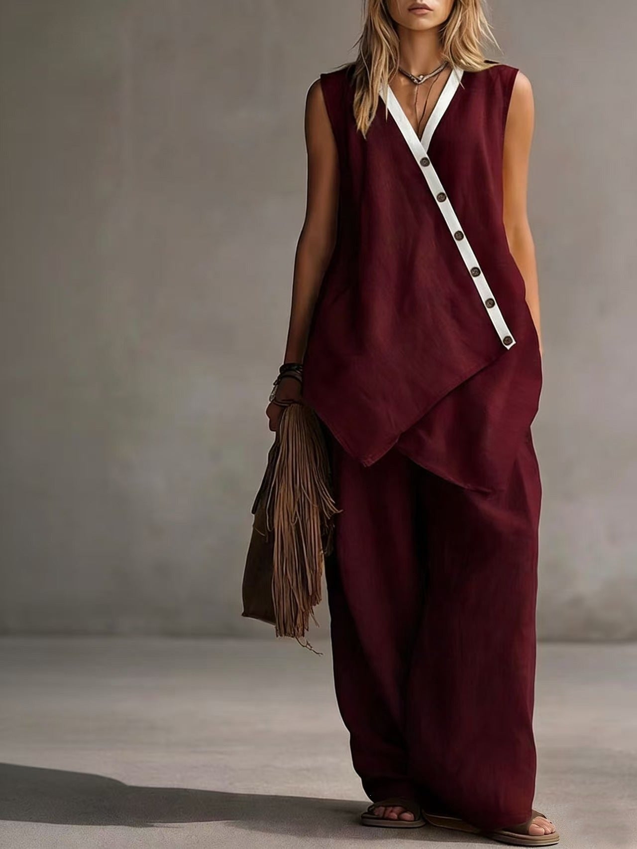 Bohemian Solid-Colored V-Neck Irregular-Button Vest And Wide-Leg Pants Set 