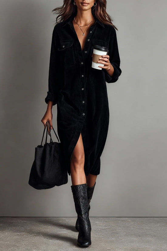 Classic Solid Color Corduroy Long Sleeve Turn-down Collar Shirt Loose Long Dress 