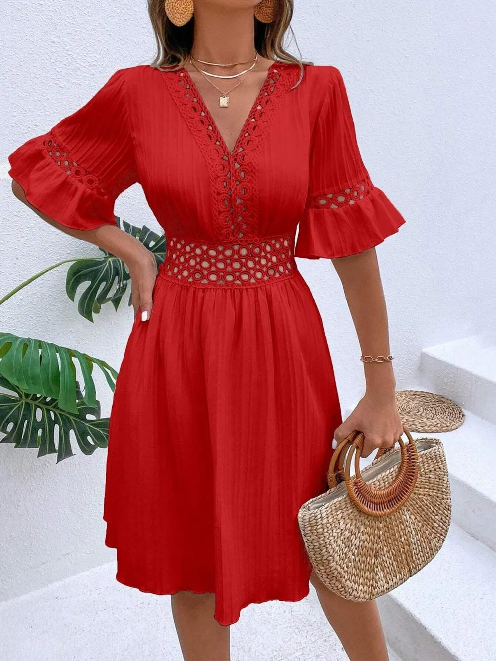 Cutout V-Neck Flounce Sleeve Mini Dress 