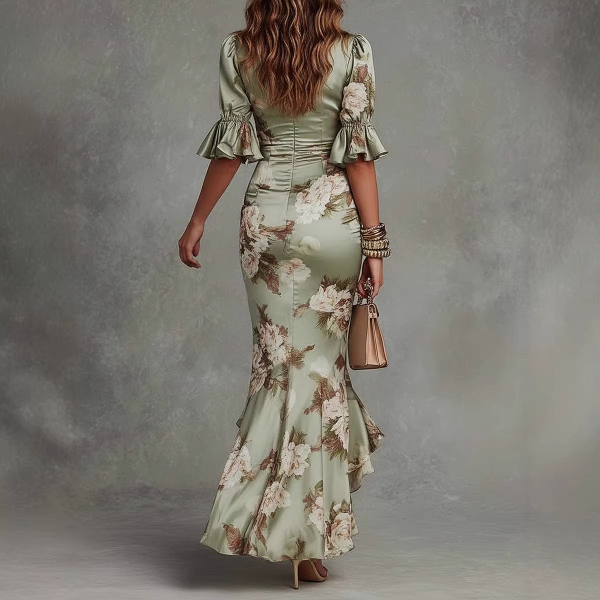 Elegant Long Dress with V-Neck, Fitted Silhouette, Floral Print and Ruffle Hem 