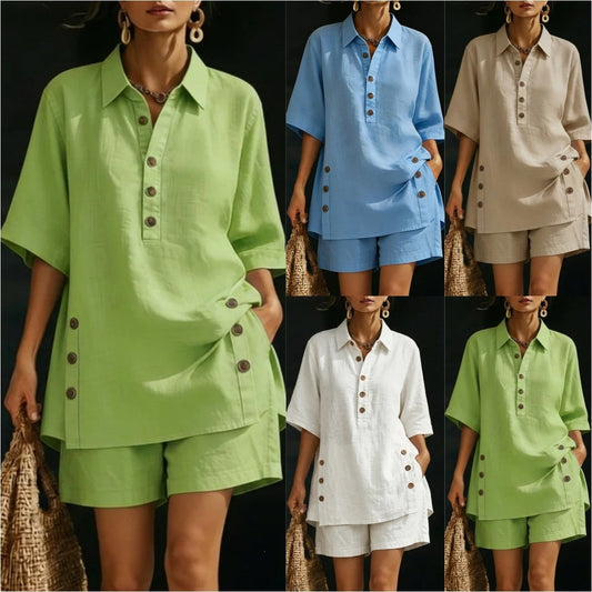Womens Short-Sleeve Shirt And Loose Pants Two-Piece Set 