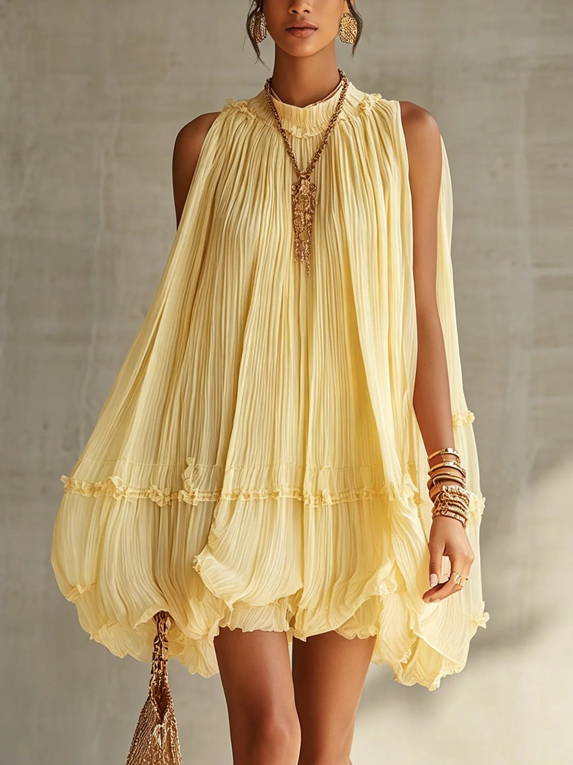 Sleeveless Pleated Mini Dress for Women, Loose A-Line Skirt with Ruffled Hem, Gathered Pleats, Casual Vacation Style, Flared Silhouette, Sweet Baby Doll Dress 
