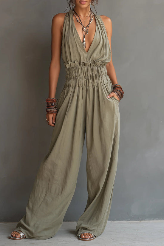 Strap-style V-neck Sleeveless Waist-cinching One-piece Suit 
