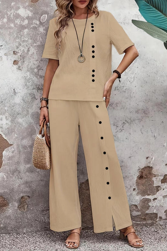 Two-piece Short-sleeve Button-up Top Loose-fit Womens Outfit 