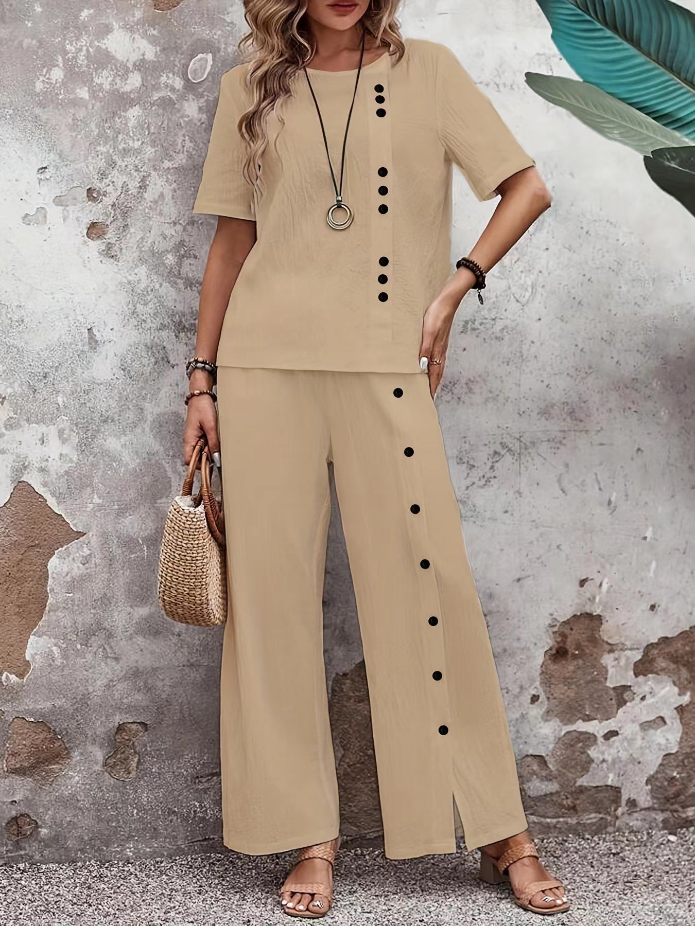 Two-piece Short-sleeve Button-up Top Loose-fit Womens Outfit 