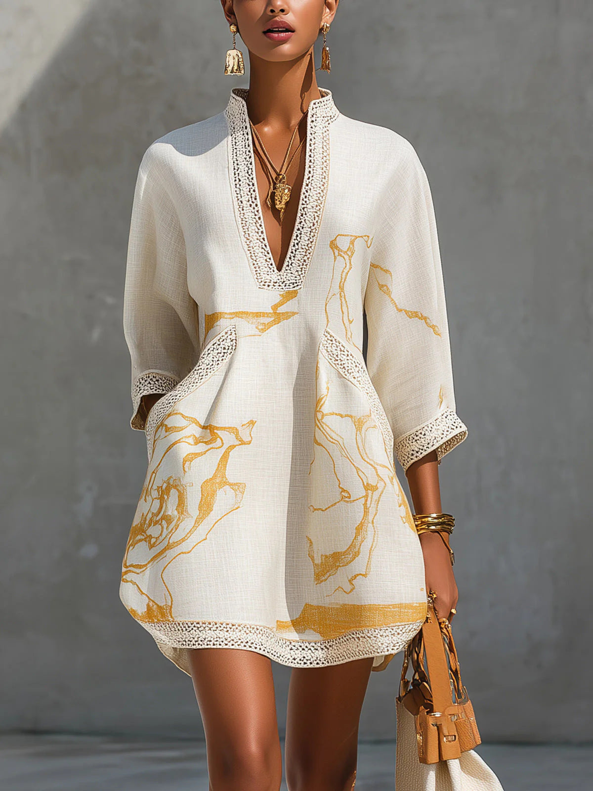 Printed lace trimmed seven quarter sleeved cotton linen short dress 