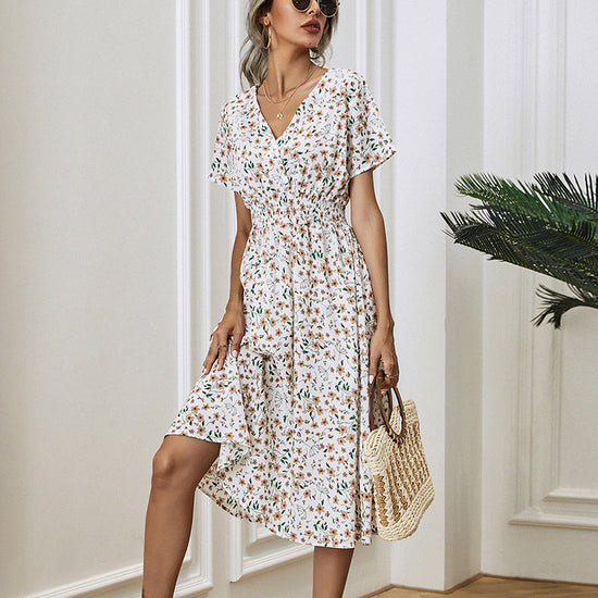 Women's V-Neck Floral Print Dress - A-Line Waisted Summer Maxi Dress CJ US