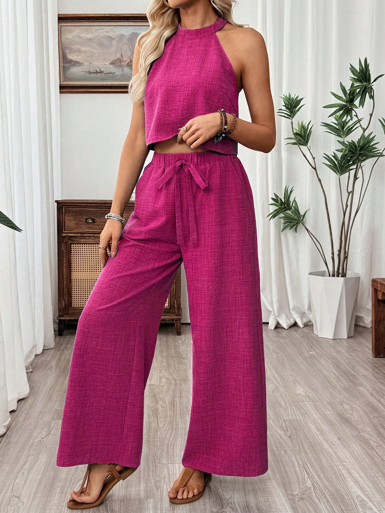 Neck-hanging Sleeveless Cropped Top And Wide-leg Pants Set 