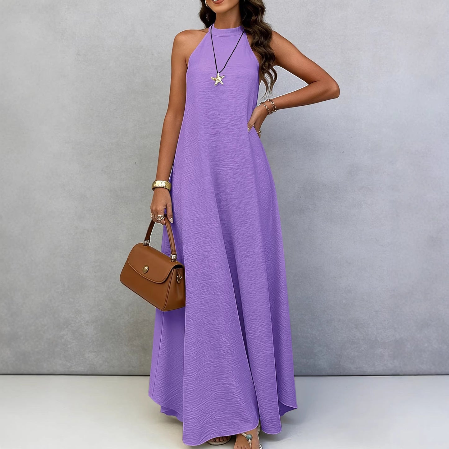 Women Summer Ice Silk Wrinkle Loose Plus Size Sleeveless Solid Color Swing Long Maxi Dress Vacation Style 