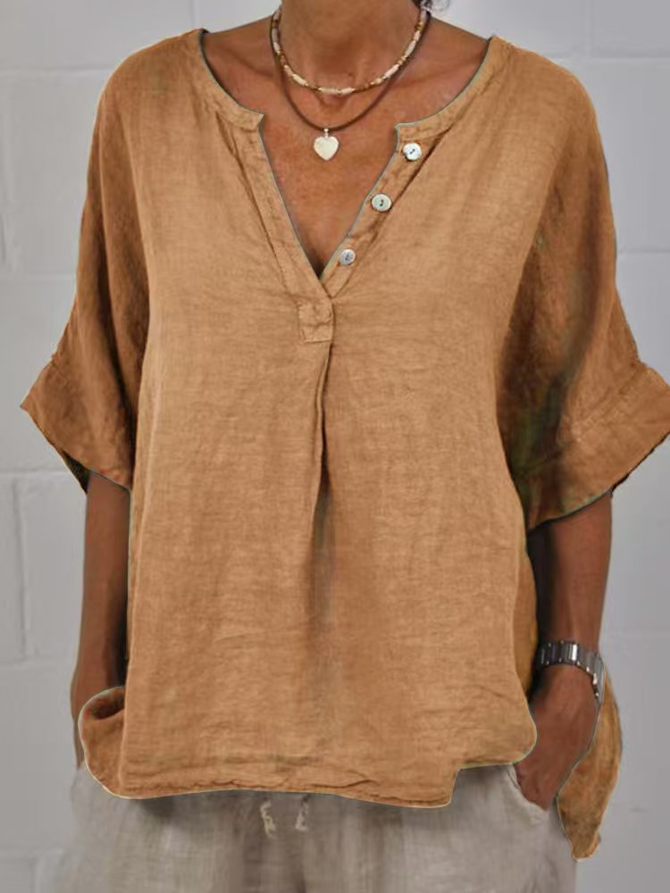 Cotton-linen Solid-color Door-cuff V-neck Button-up Shirt 