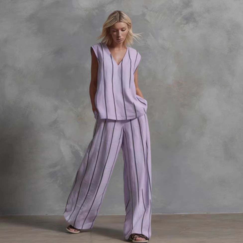 French Minimalist Black And White Vertical Stripe Loose Cotton-Linen Womens Set 