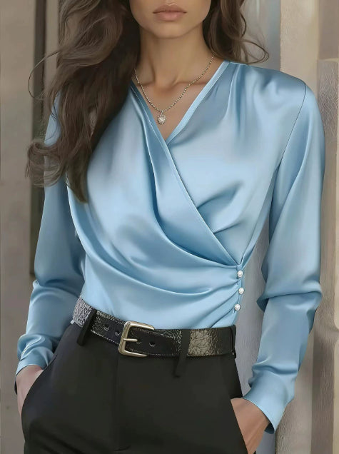 Women's Elegant Cross V-Neck Blouse, Ruffle Detail Button Accent Office Shirt 