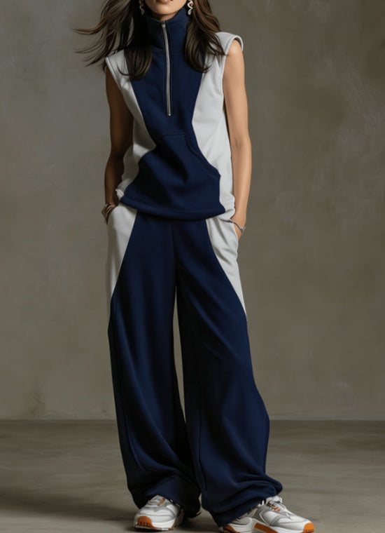Contrast Color Stand-up Collar Sleeveless Sportswear Set 