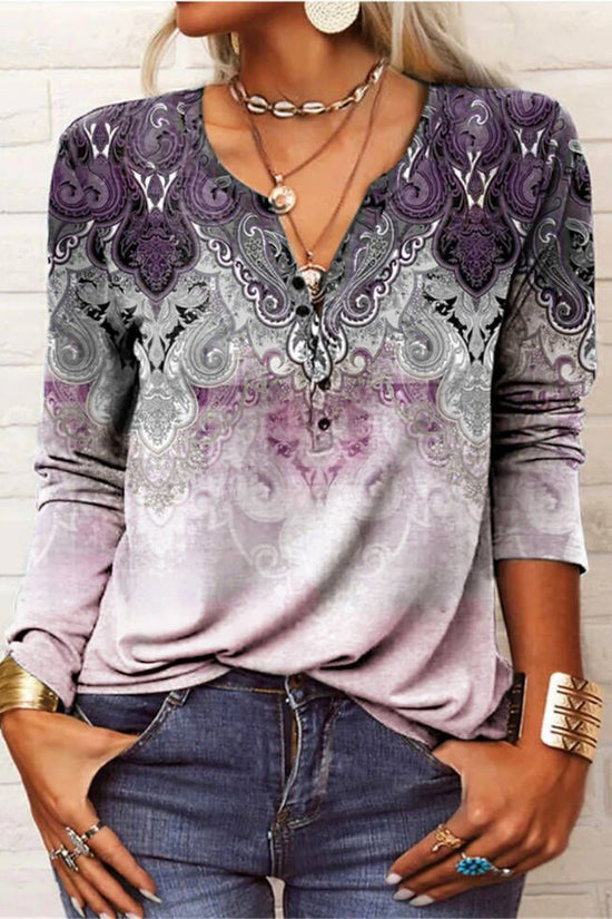 Women's Casual Ethnic Style V-neck Long-sleeved T-shirt 