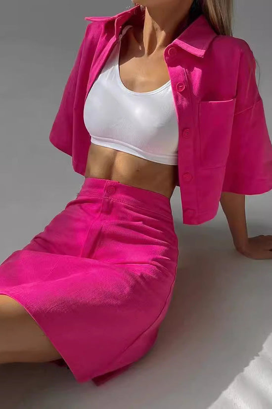 Womens Preppy Style Design-focused Short-sleeve Short-skirt Set 