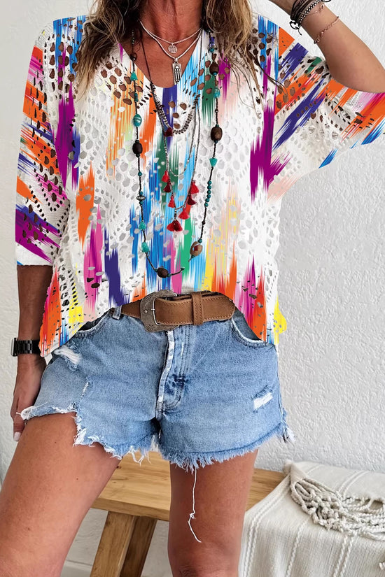 Womens Hollowed-Out Batwing-Sleeve Sweater With 3D Knitted Print 