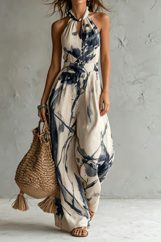 Ink printed wide leg pocket jumpsuit 
