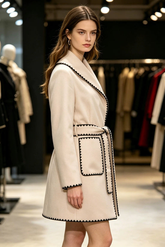 Autumn/Winter New French Elegant Style Notched Lapel Color-blocked Zigzag Edge Wool Coat Fashion Versatile Chic Outerwear 