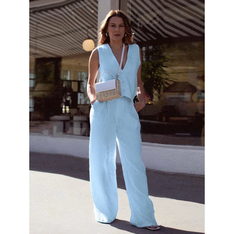 Women’s V‑Neck Button‑Front Vest & High‑Waist Pants Set 