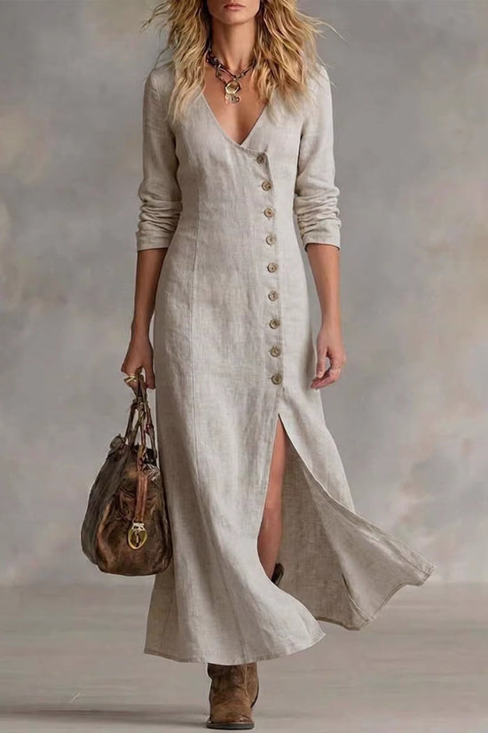 Fashionable Casual Cotton-Linen Long-Sleeve Womens Dress 