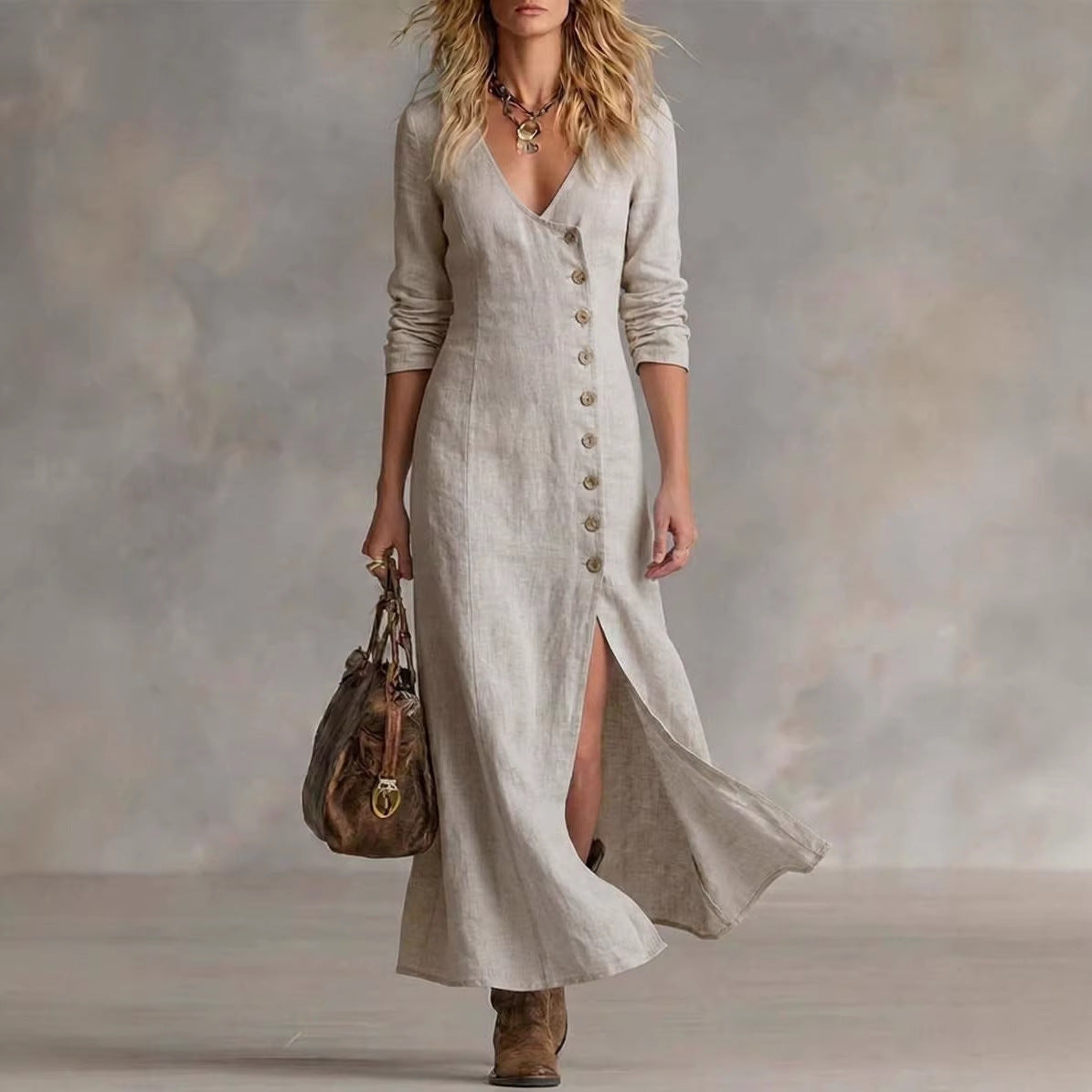 Fashionable Casual Cotton-Linen Long-Sleeve Womens Dress 