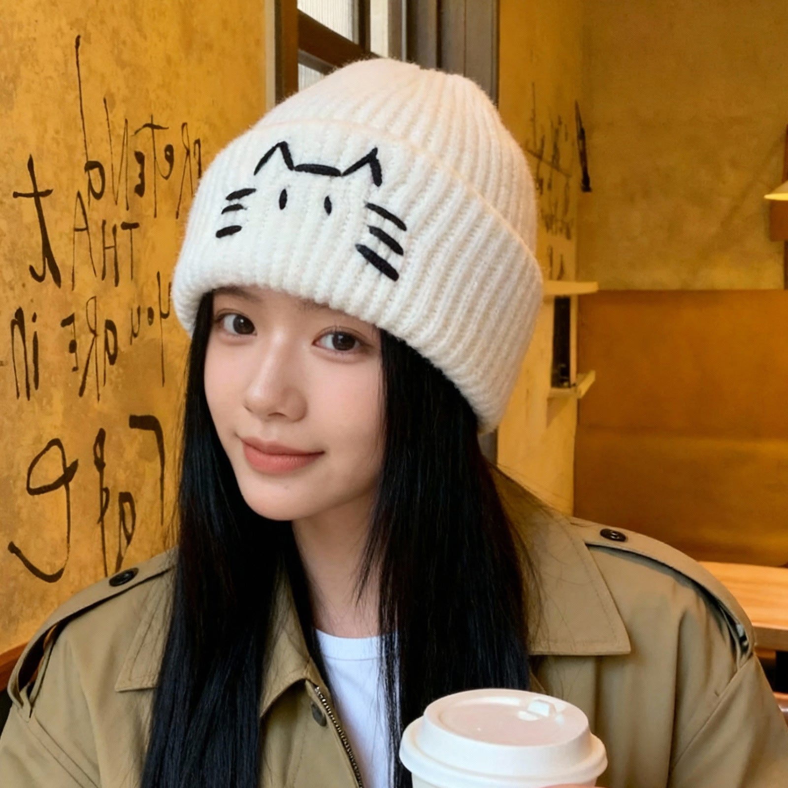 Women’s Cute Cat Line Design Knitted Hat – Warm Fall & Winter Beanie - FitiqueFit