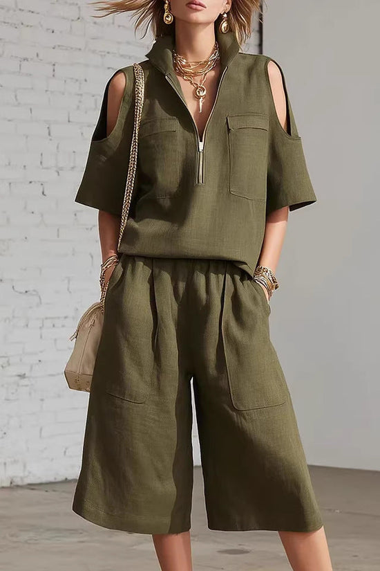 Womens Short-Sleeve Shirt And Shorts Loose Pants Two-Piece Set 