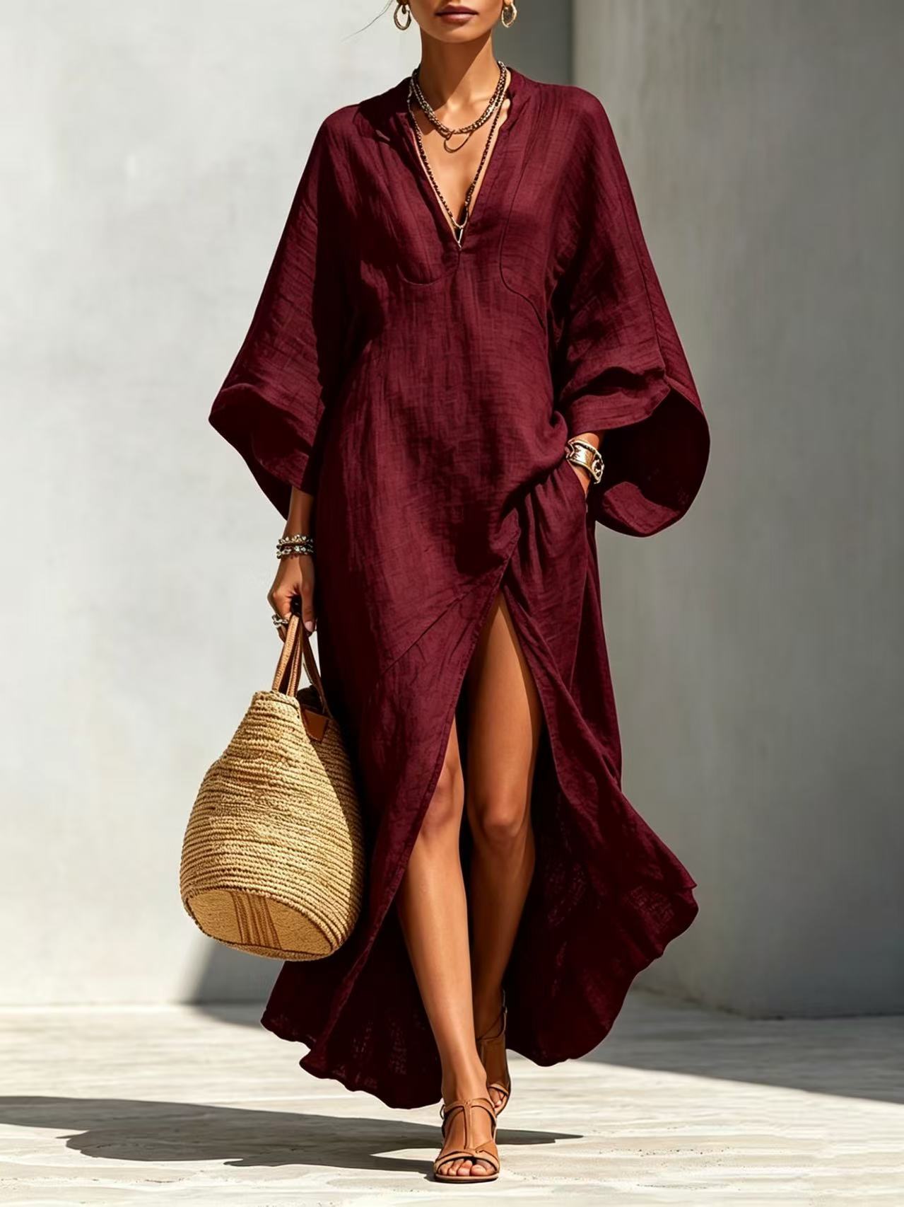 Batwing-sleeve Loose-fitting Maxi-length Resort Dress 