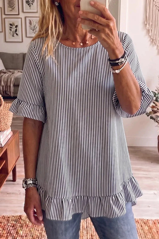 Womens Striped Loose-fit Casual Ruffled-edge Blouse 