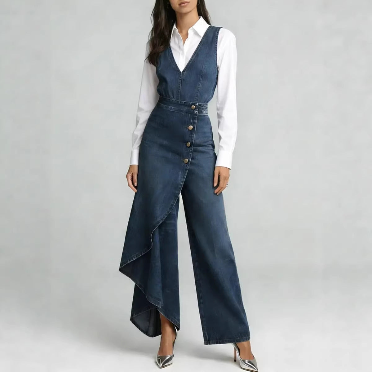 Western-style V-neck Asymmetrical Denim Jumpsuit 