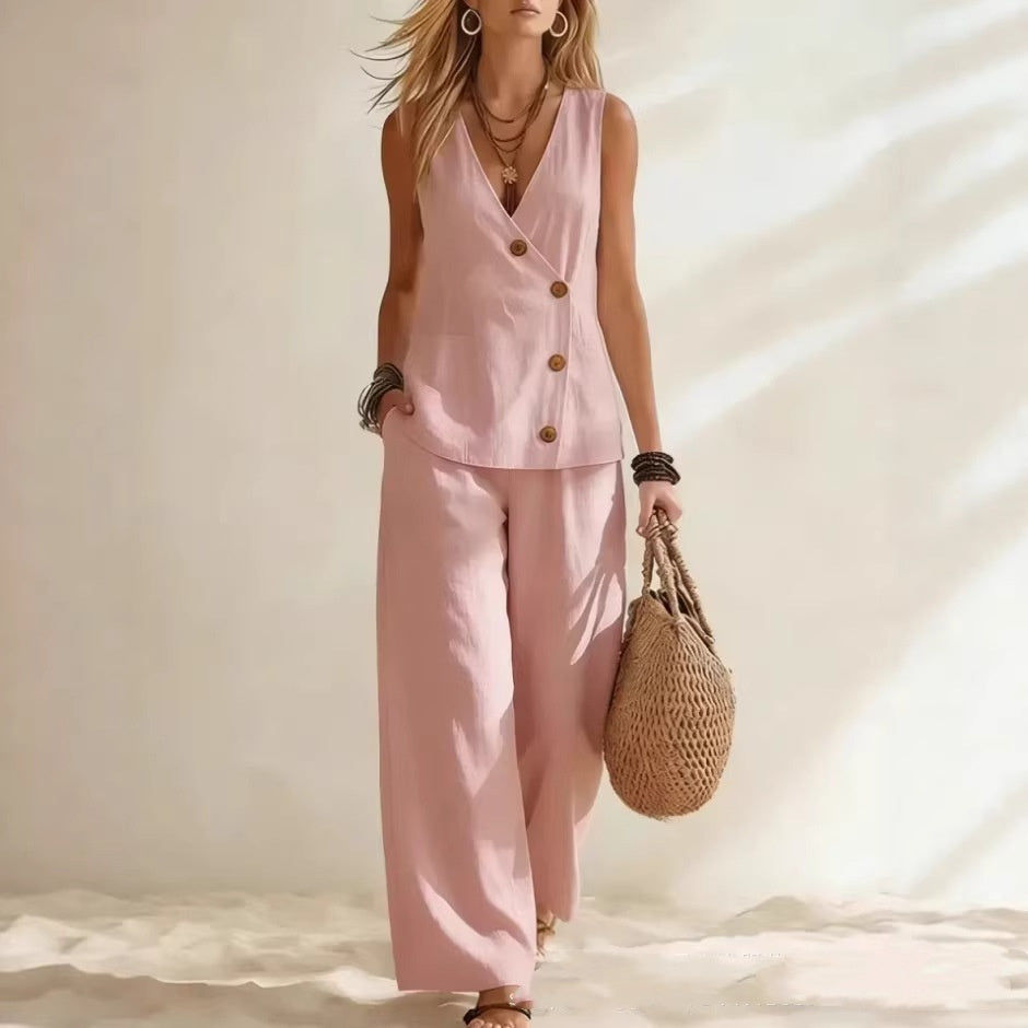 Women's Button Up Cardigan Vest Pants Set 
