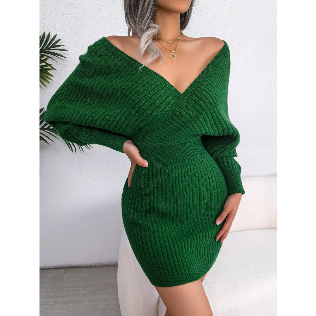 2025 Autumn-Winter Sexy Cross V-neck Bat Skirt With Hip Wrapping, Hairy Dress CJ US