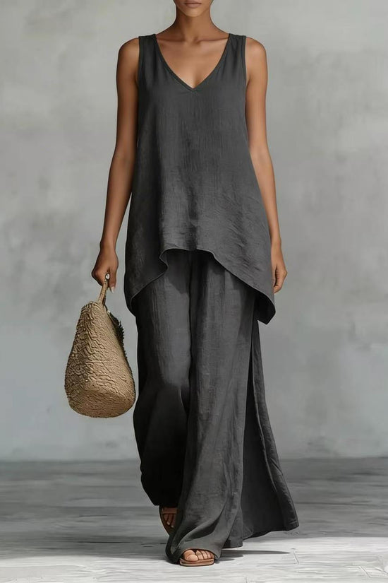 New Casual Bohemian-style Wide-leg Pants And V-neck Vest Set 